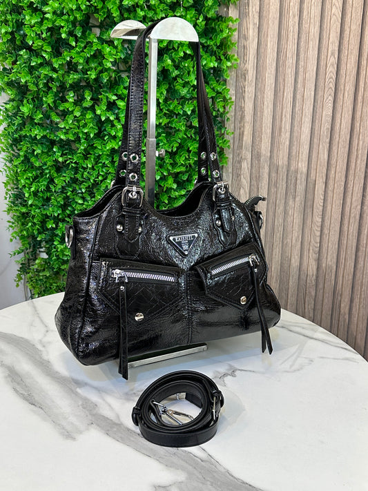Black Crinkled Leather Shoulder Bag with Zip Pockets & Crossbody Strap