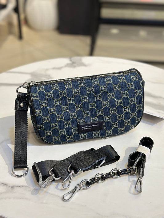 Monogram Denim Crossbody Bag – 3-Way Strap