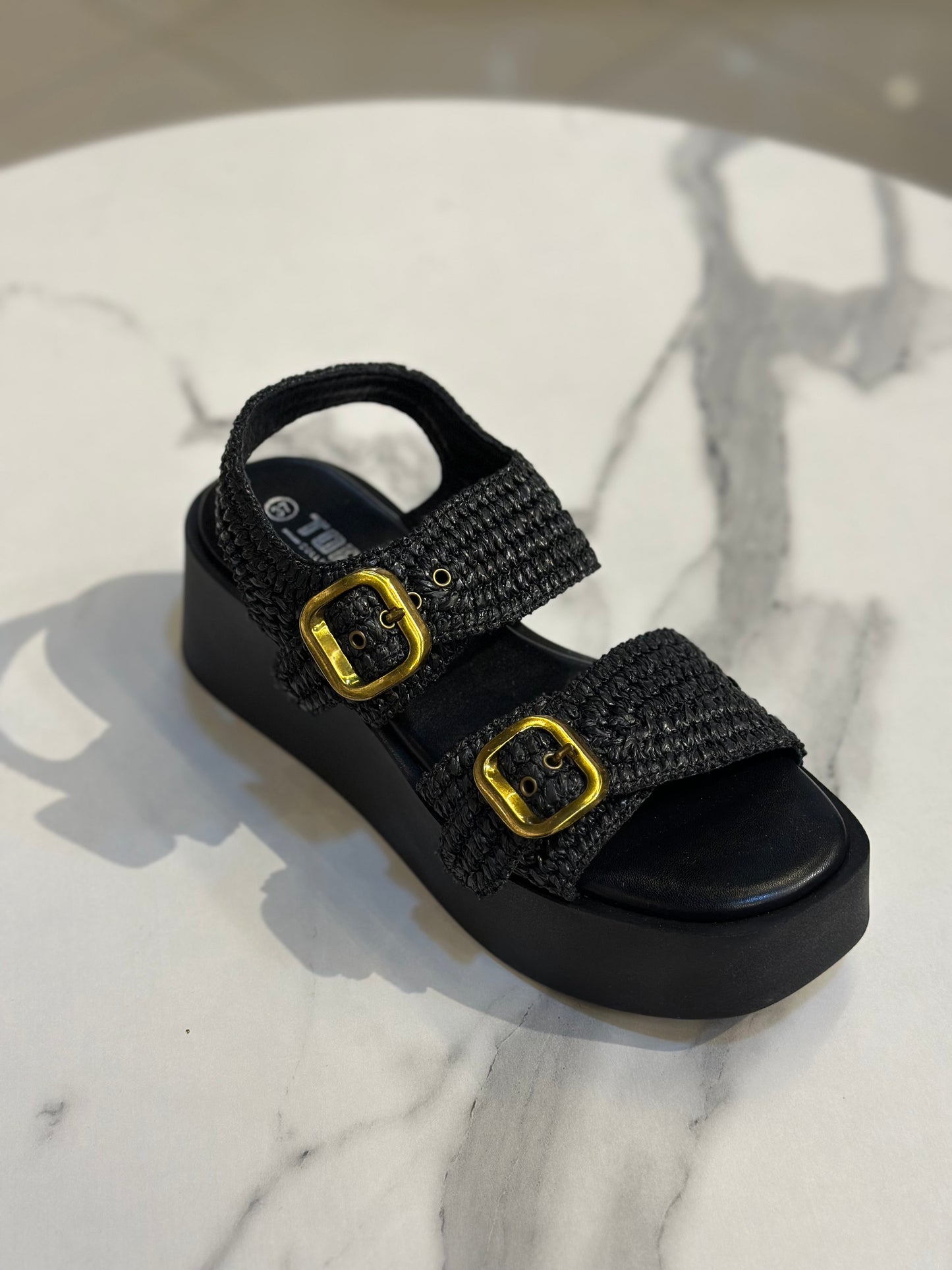 Raffia Platform Sandals with Gold Buckles