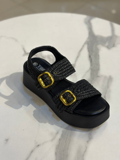 Raffia Platform Sandals with Gold Buckles
