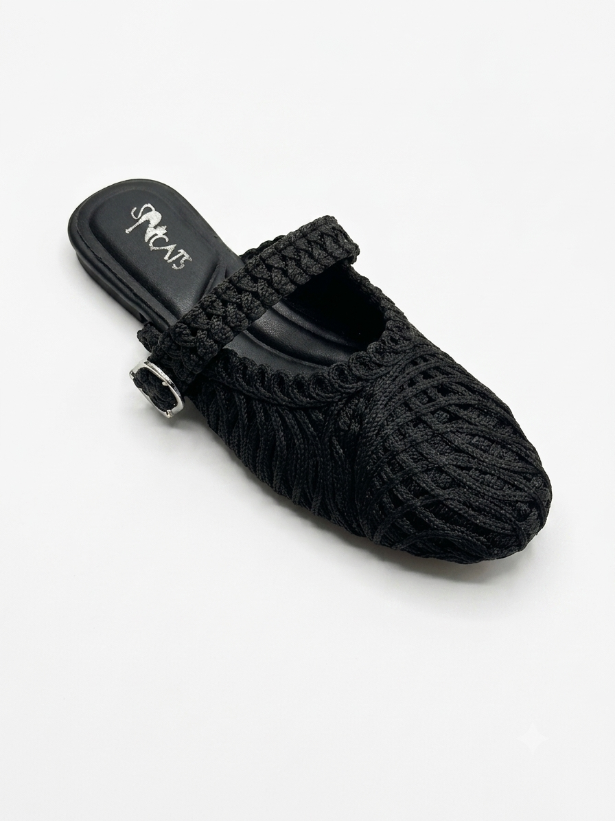 Woven Textured Buckle Mules
