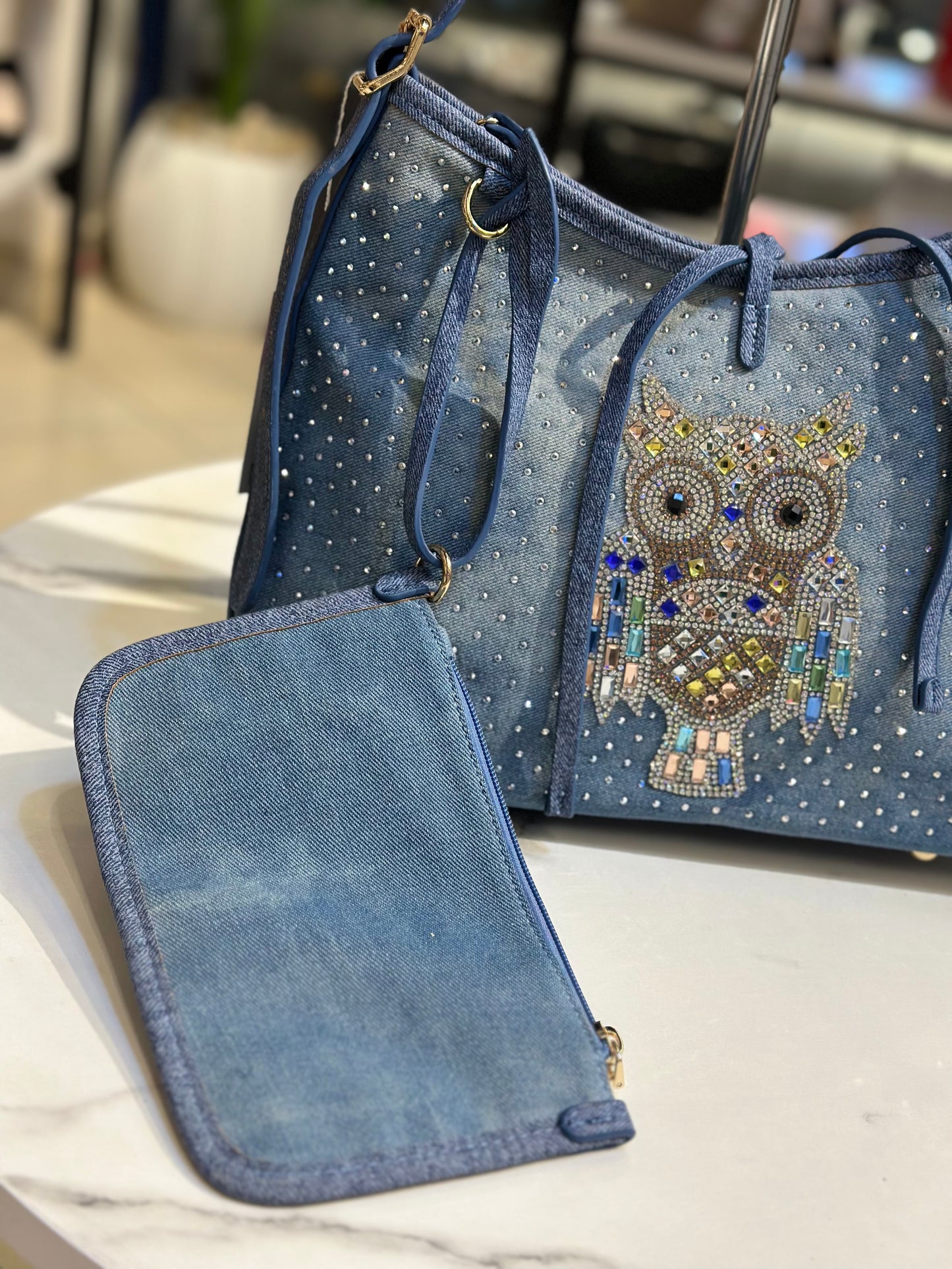 Denim Owl Embellished Shoulder Bag with Mini Wallet