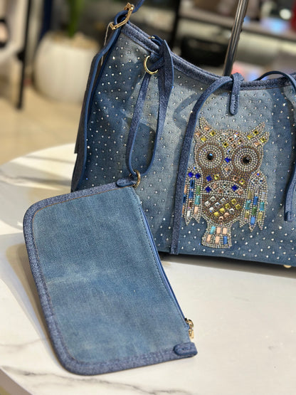Denim Owl Embellished Shoulder Bag with Mini Wallet