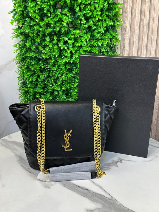 Black Quilted Leather Flap Shoulder Bag with Gold Chain Strap