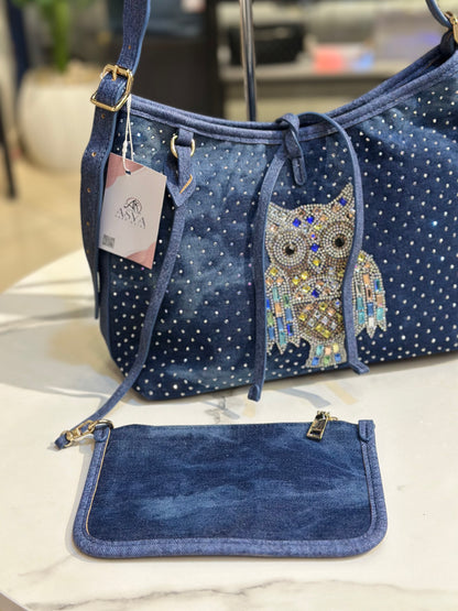Denim Owl Embellished Shoulder Bag with Mini Wallet
