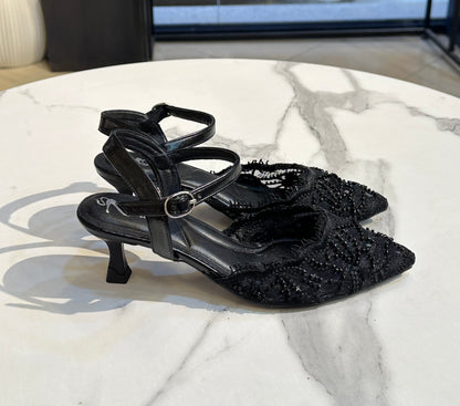 Floral Lace Embellished 3cm Heels – Open Back Design