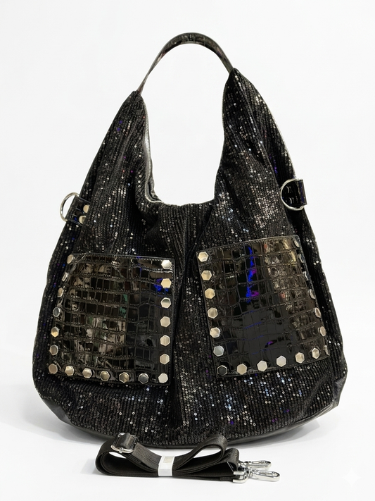 Sequin Embellished Shoulder Bag with Studded Croc Pockets