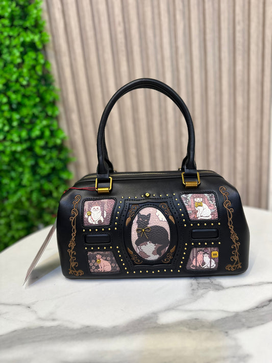 Enchanted Cat Portrait Boston Bag with Gold-Studded Trim