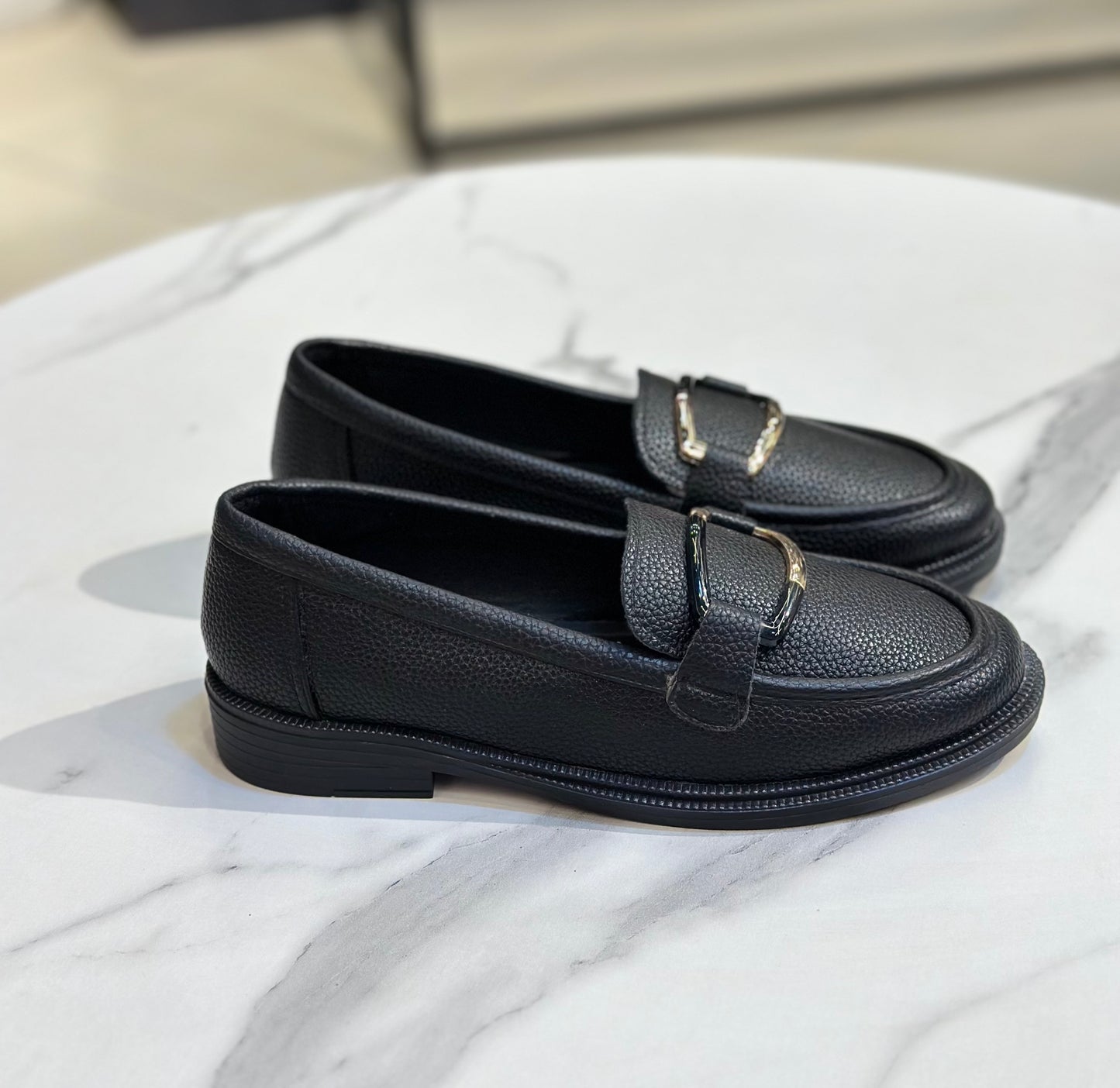 Gold Buckle Leather Loafers – Chunky Sole