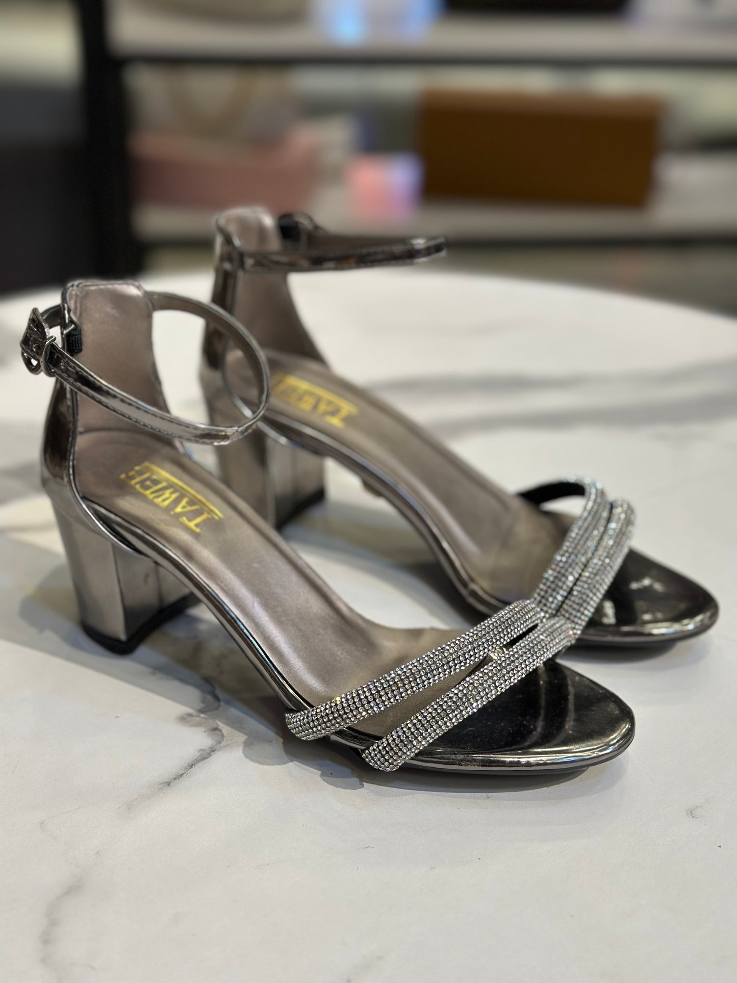Rhinestone Block Heel Sandals with Ankle Strap