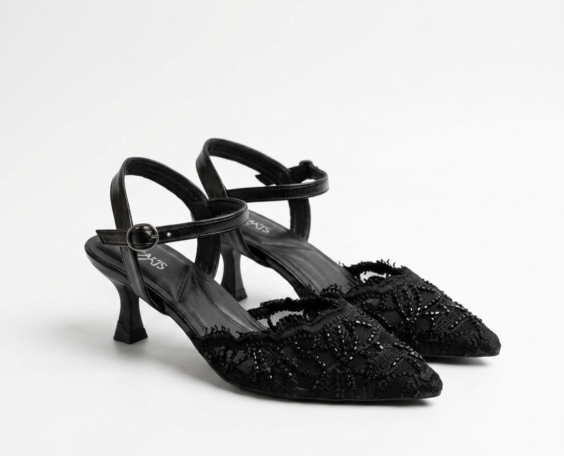 Floral Lace Embellished 3cm Heels – Open Back Design