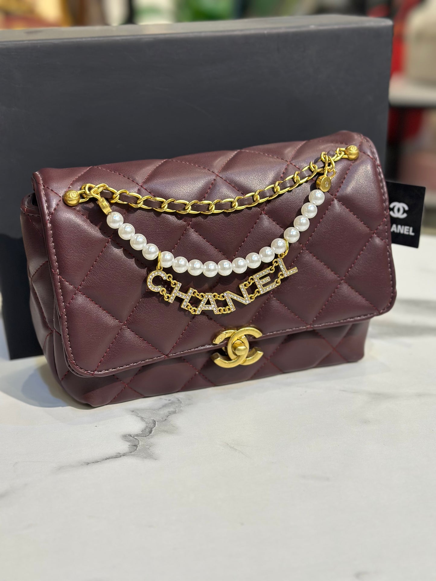 Chanel Quilted Flap Bag with Pearl Chain Strap & Box