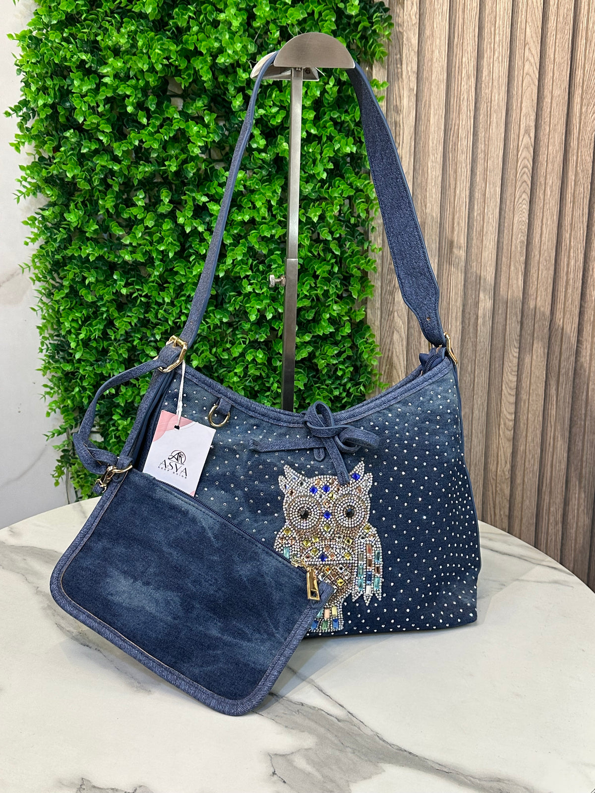 Denim Hobo Bag with Crystal Owl Design & Detachable Pouch
