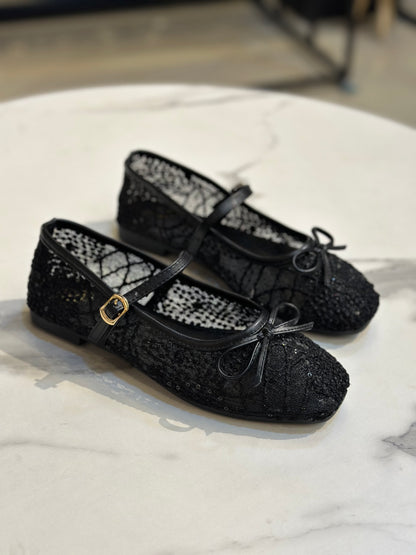 Lace Glitter Ballet Flats with Bow & Ankle Strap