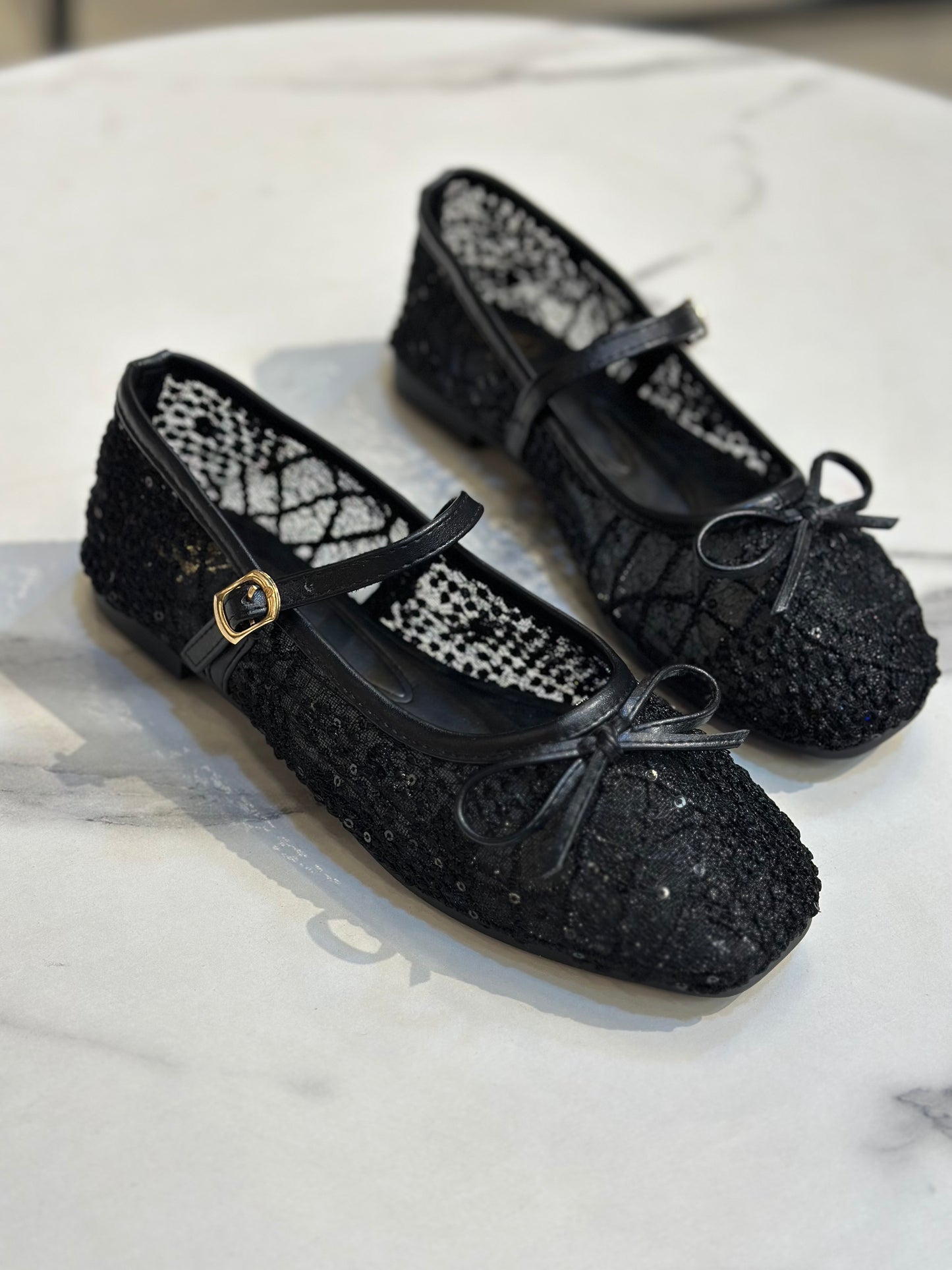 Lace Glitter Ballet Flats with Bow & Ankle Strap
