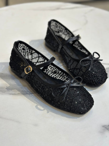 Lace Glitter Ballet Flats with Bow & Ankle Strap