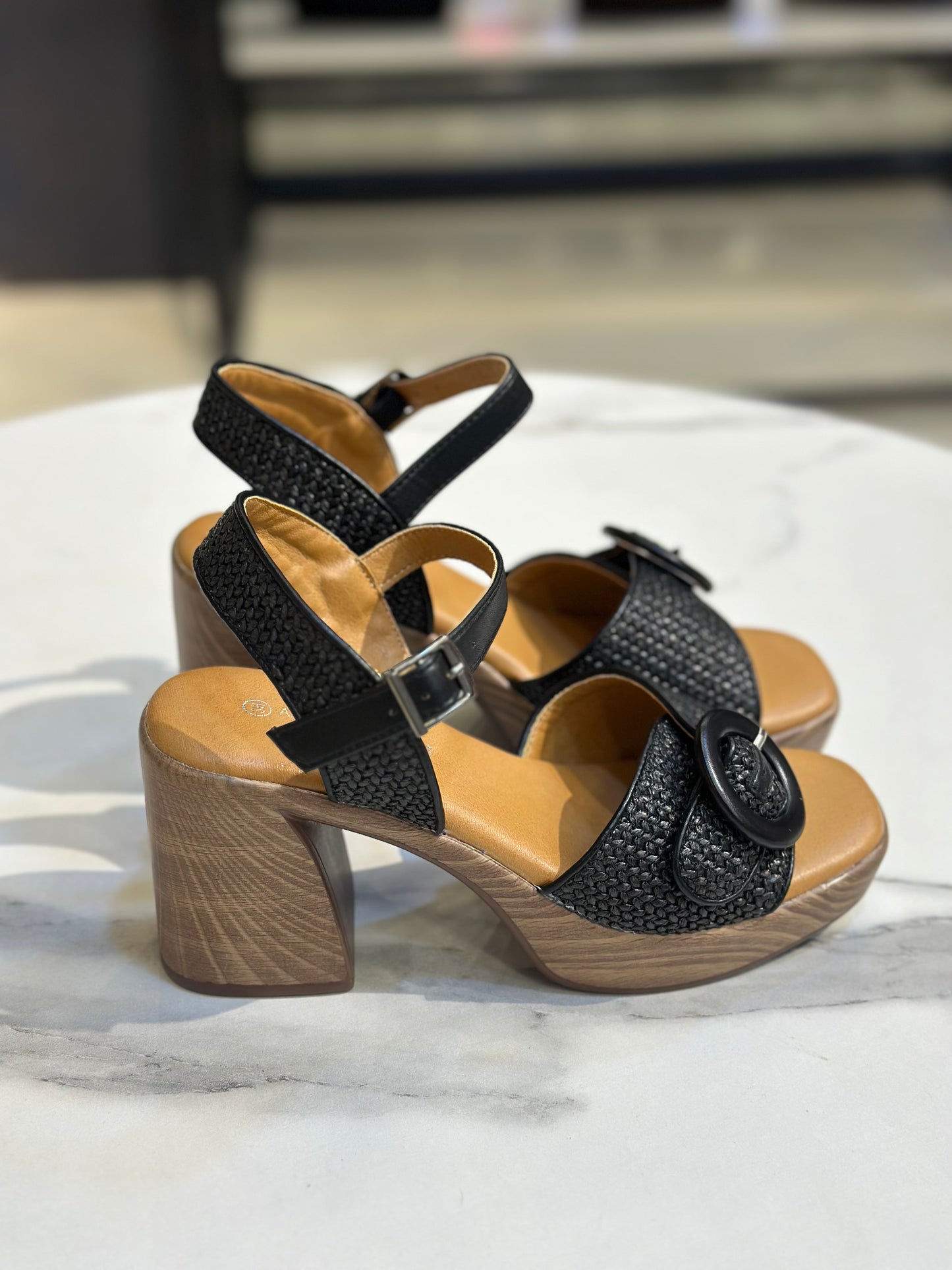 Woven Platform Heel Sandal with Buckle Detail