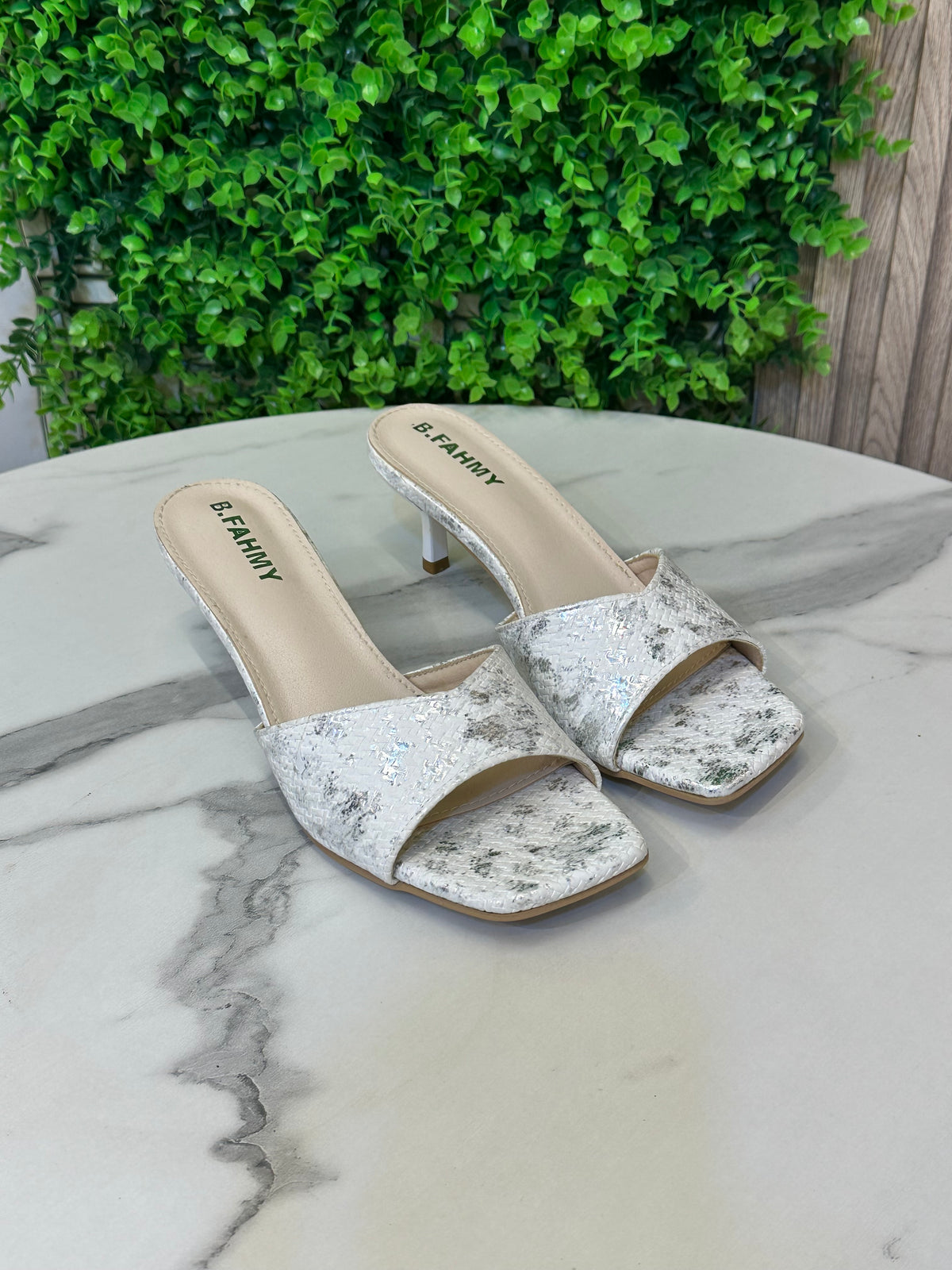 V-Strap Heeled Sandal — Textured Stone-Print Upper