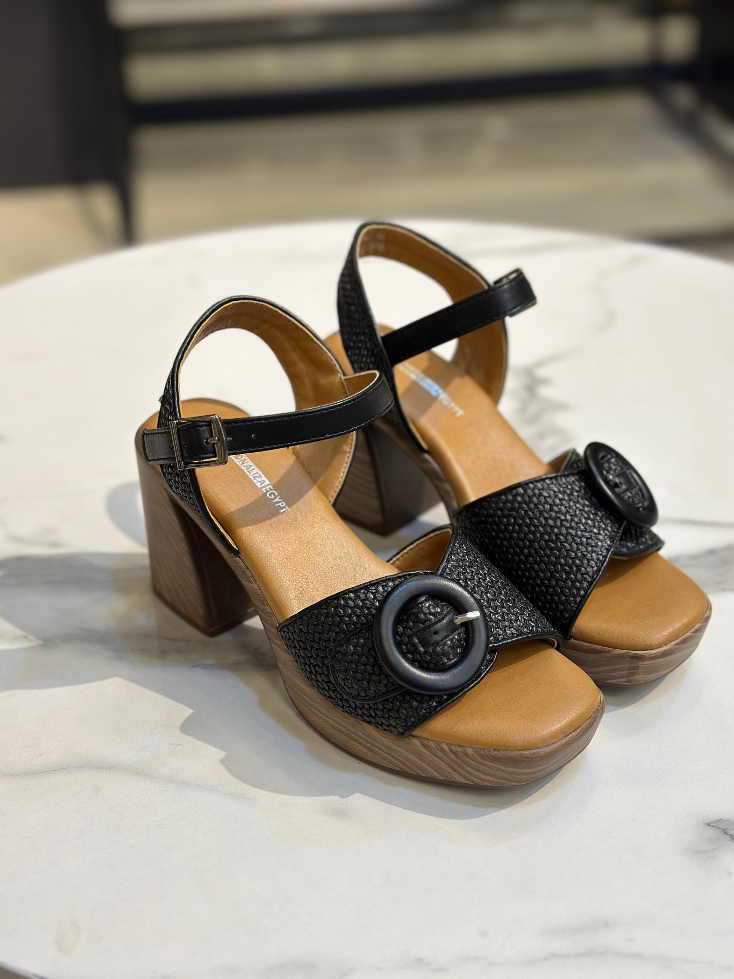 Woven Platform Heel Sandal with Buckle Detail