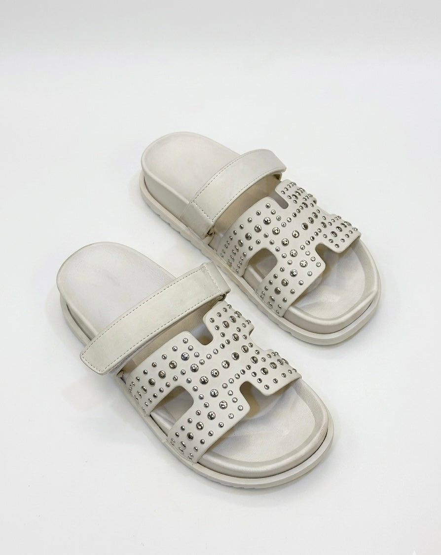 Studded Cutout Slide Sandals – Wide Strap Comfort Design