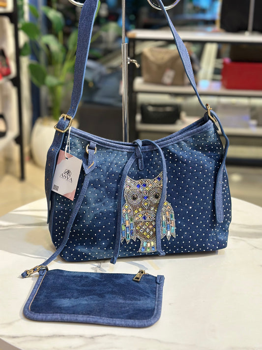 Denim Owl Embellished Shoulder Bag with Mini Wallet