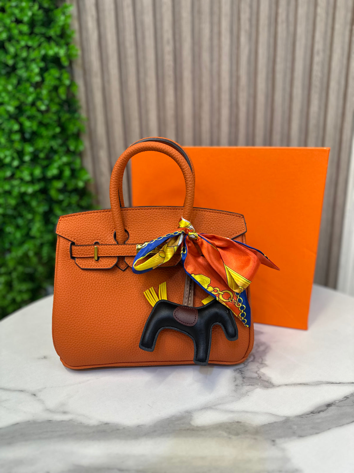 Structured Top-Handle Bag with Silk Scarf & Charm Detail