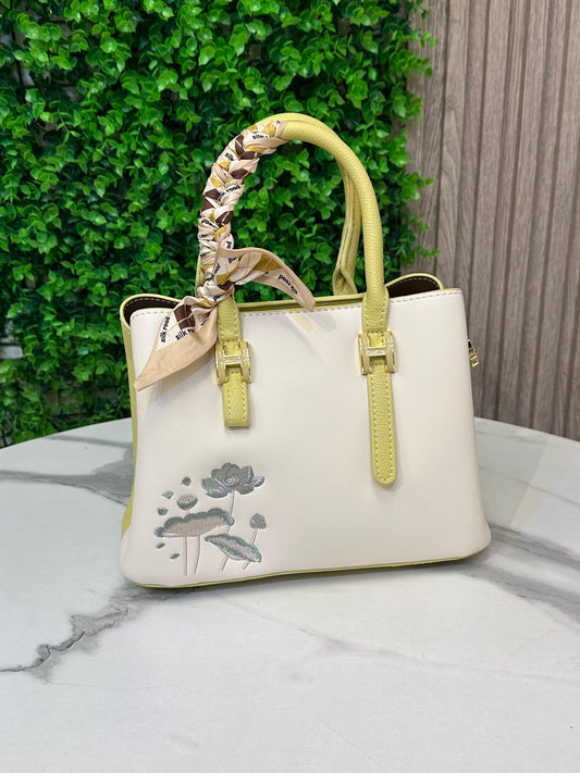 Elegant Top-Handle Bag with Floral Embroidery & Twilly Scarf