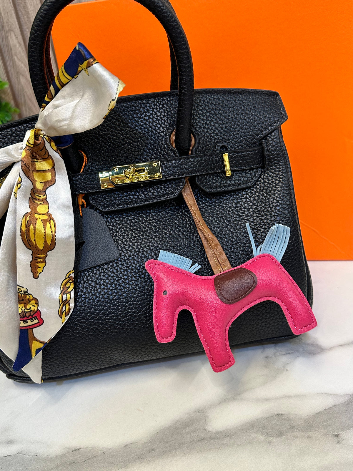 Structured Top-Handle Bag with Silk Scarf & Charm Detail