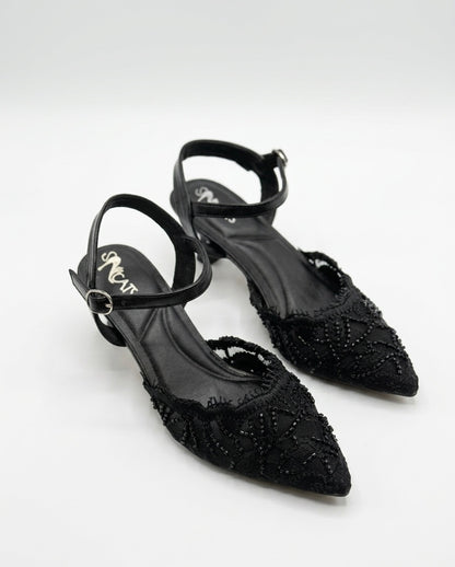 Floral Lace Embellished 3cm Heels – Open Back Design