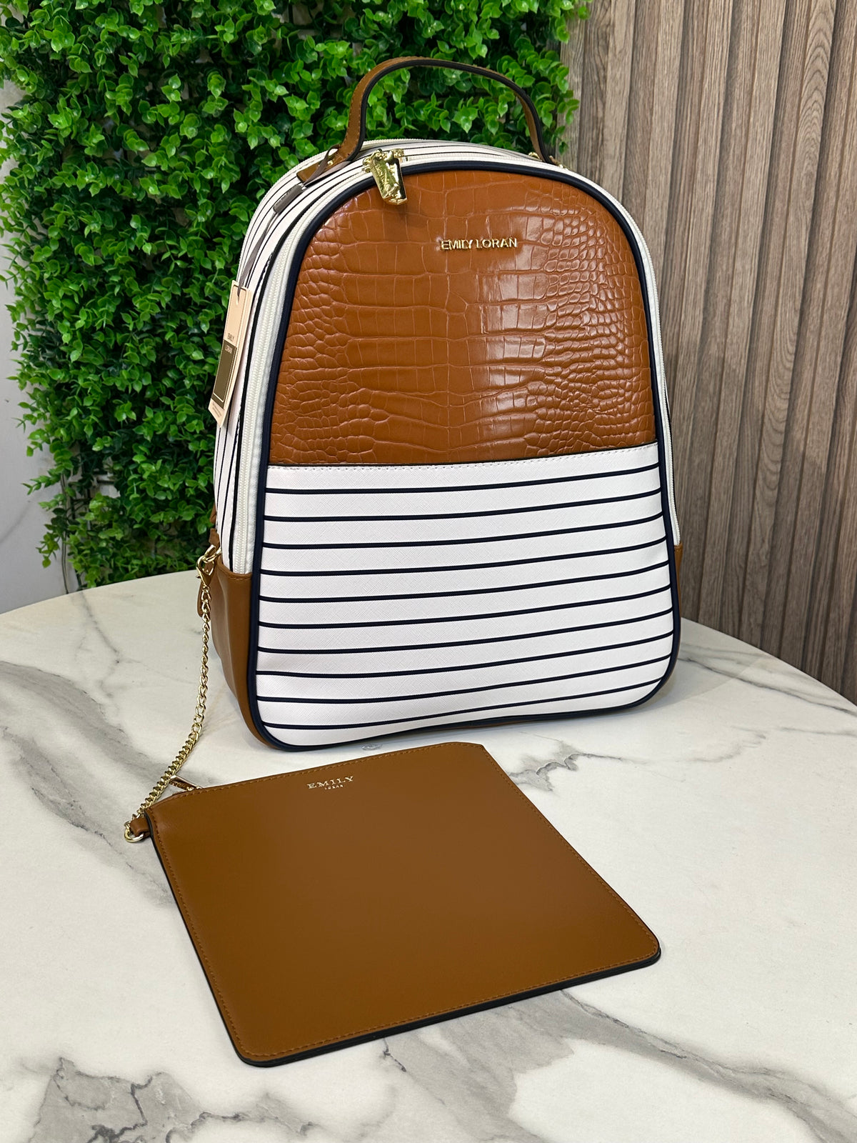 Emily Loran Striped Crocodile-Texture Backpack for Women