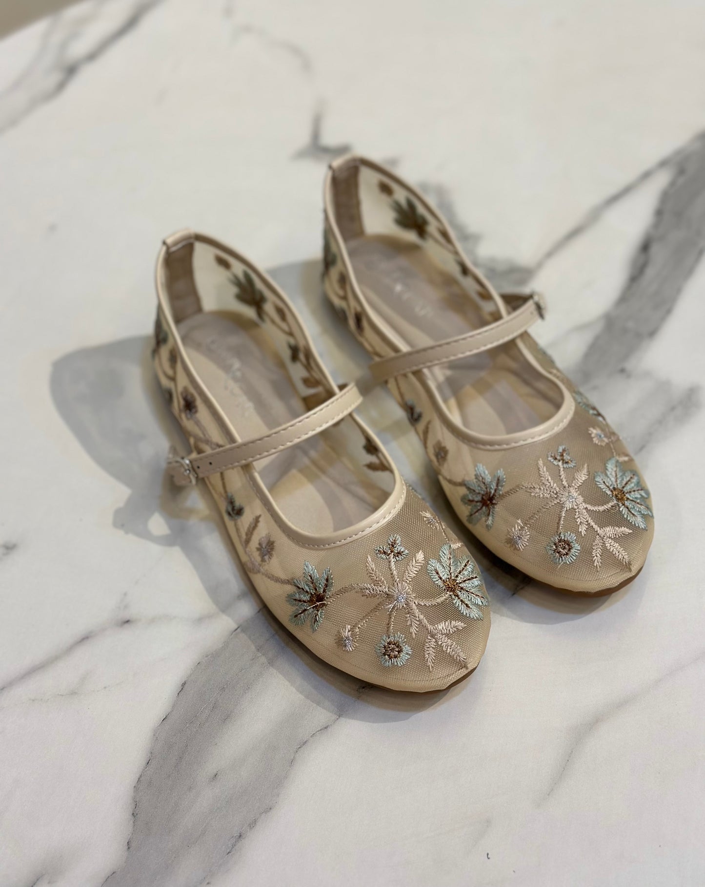 Floral Embroidered Mesh Mary Jane Flats