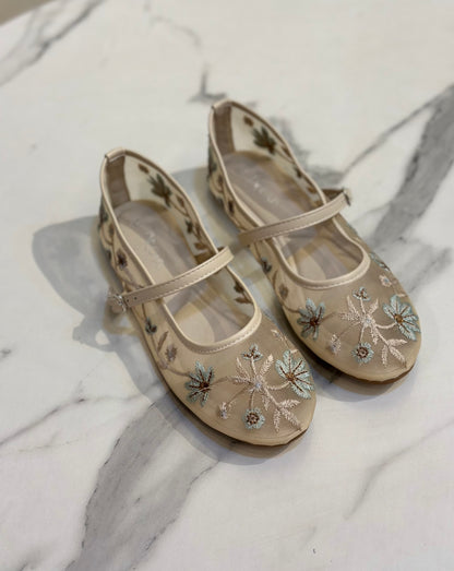 Floral Embroidered Mesh Mary Jane Flats
